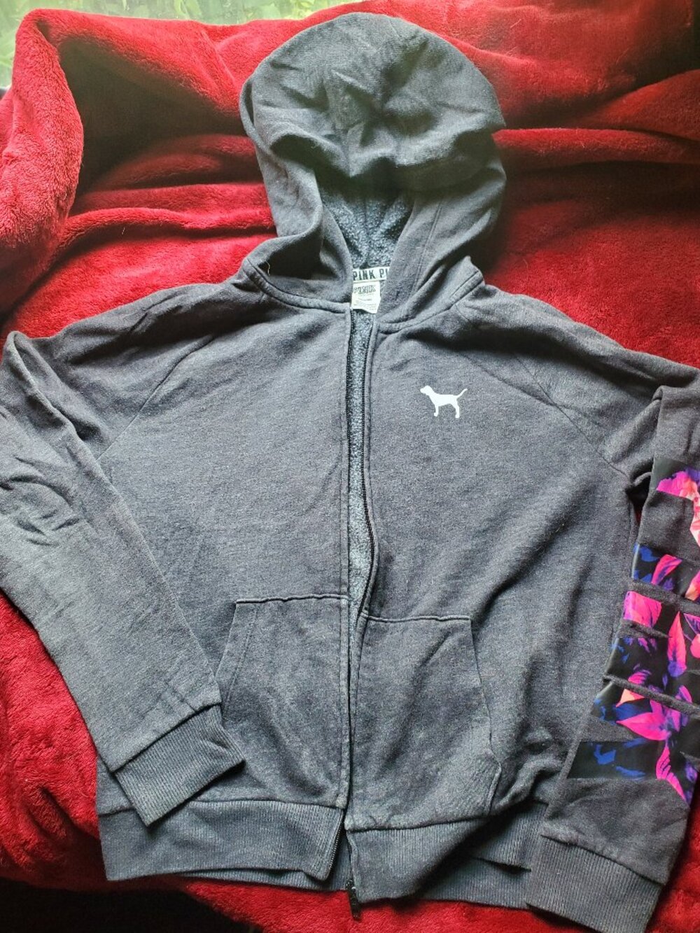 PINK Victoria's Secret Women's Athletic Hoodie Zip up Tropical w/ Pink Lettering